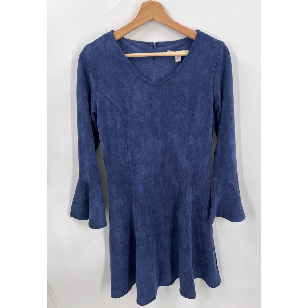 Aryeh Faux Suede Fit & Flare Mini Dress 3/4 Bell Sleeves Zip Closure Blue Small
